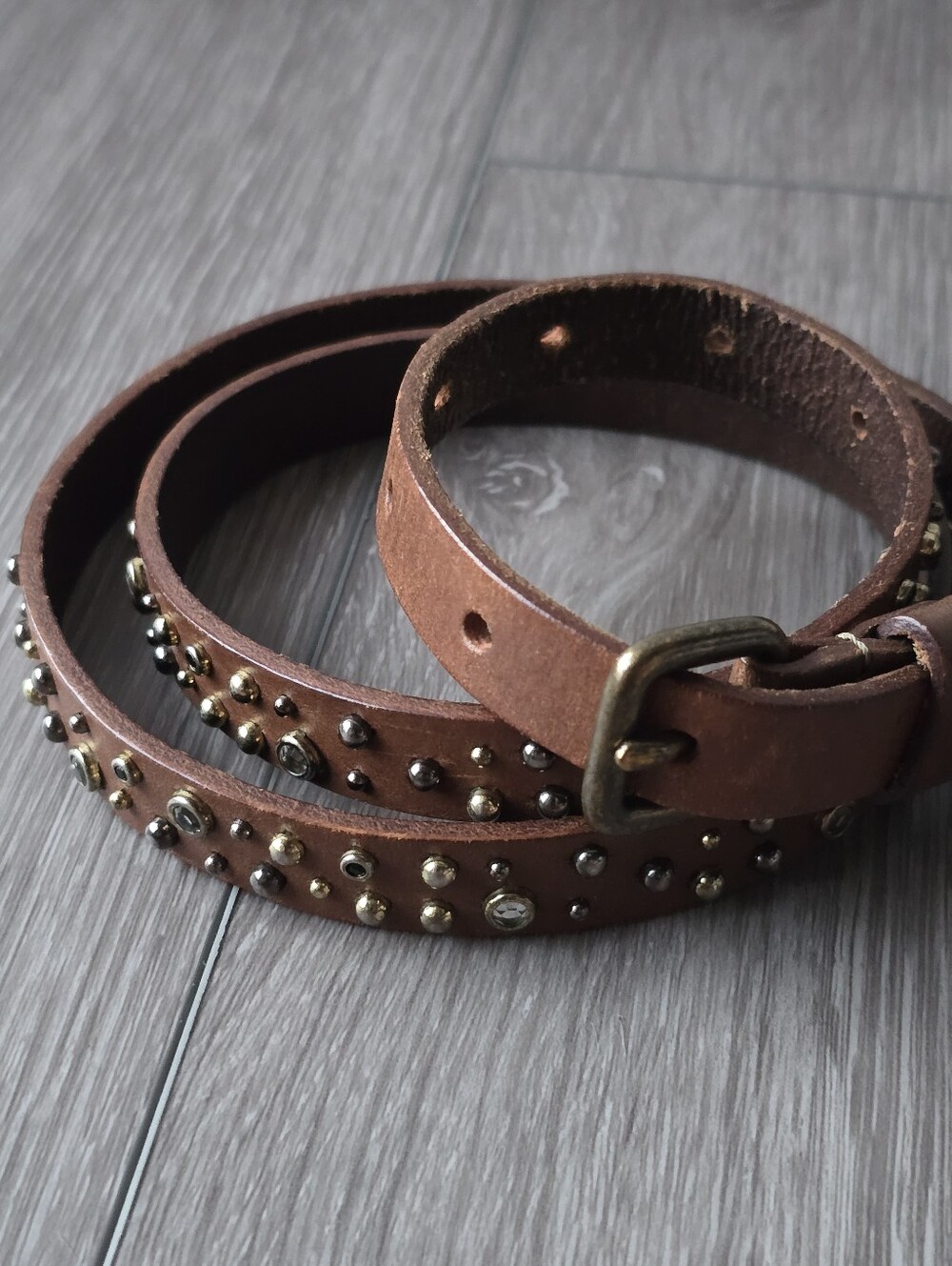 J.Crew Brown Leather Studded Rhinestone Skinny Belt Boho Western Jeweled M